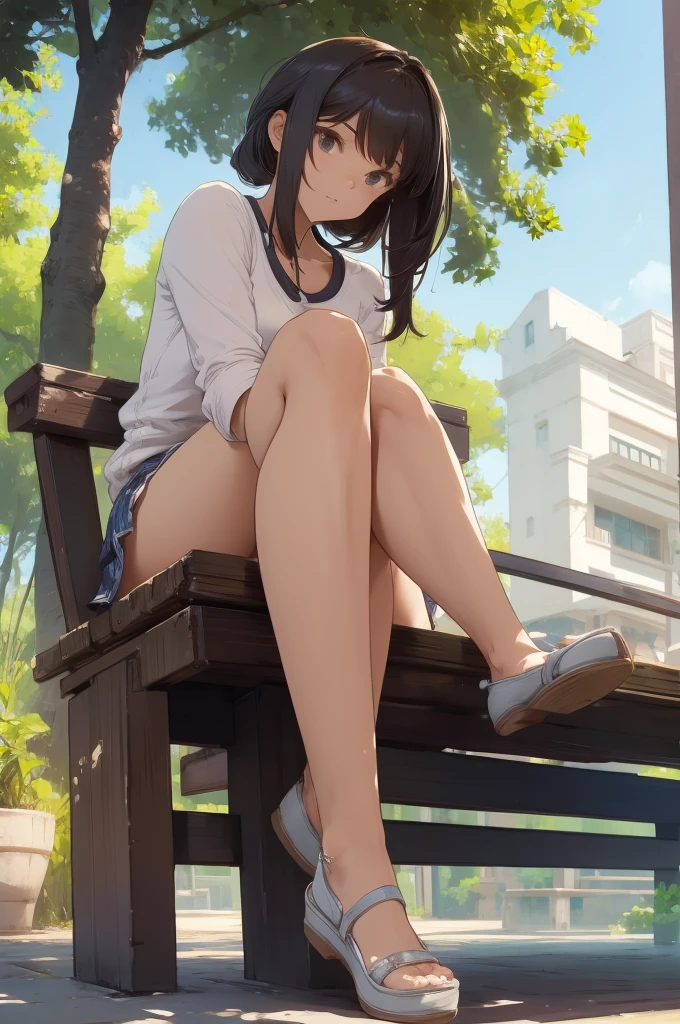 Cute girl sitting on a bench scratching Legs 