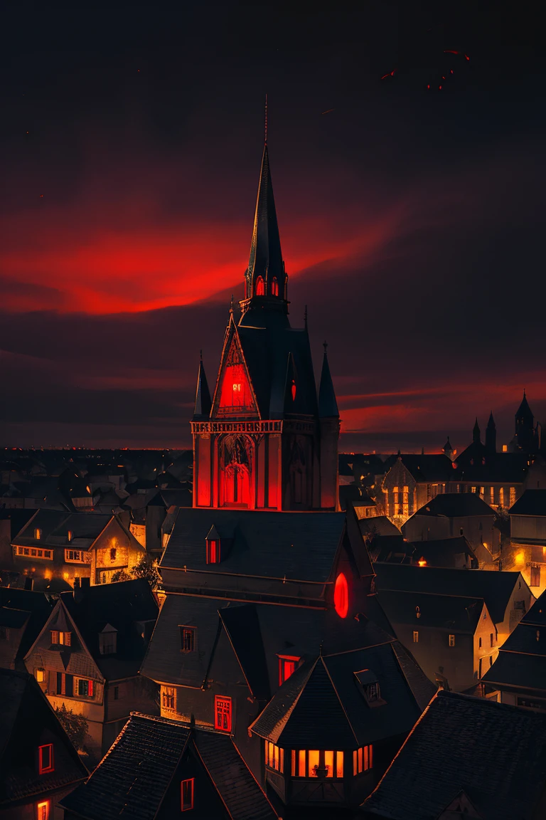 old European village shot with bird view, (Red glowing eyes), masterpiece, Depth of written boundary, Lutz, Gwaites style artwork, Gothic aesthetics, Dark Vampire village, ((in the dark gothic style cathle:1)), ((dark mid-night time:1.5)),