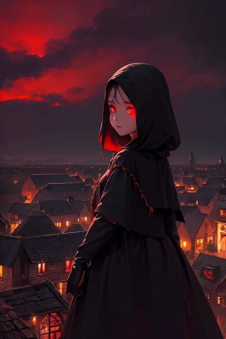 old European village shot with bird view, (Red glowing eyes), masterpiece, Depth of written boundary, Lutz, Gwaites style artwork, Gothic aesthetics, Dark Vampire village, ((in the dark gothic style cathle:1)), ((dark mid-night time:1.5)),