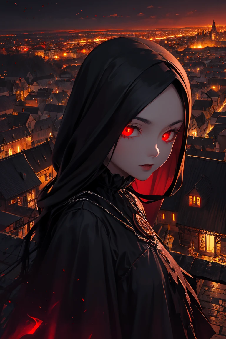 old European village shot with bird view, (Red glowing eyes), masterpiece, Depth of written boundary, Lutz, Gwaites style artwork, Gothic aesthetics, Dark Vampire village, ((in the dark gothic style cathle:1)), ((dark mid-night time:1.5)),