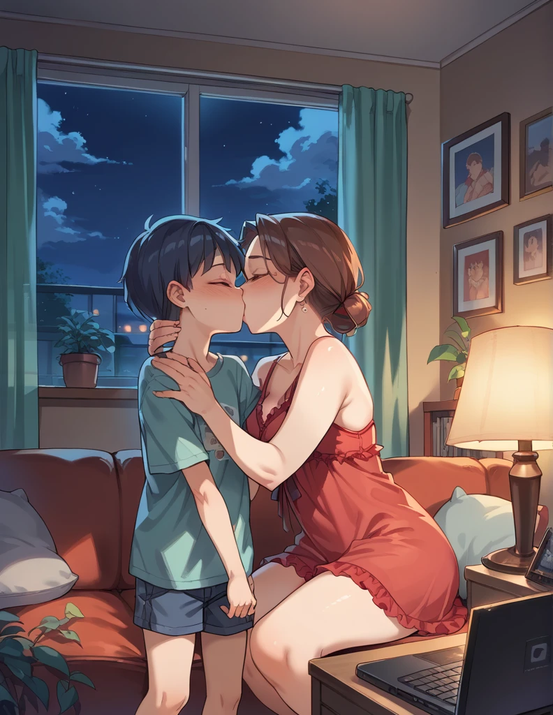 score_9, score_8_up, score_7_up, source_anime, 1boy, 1girl, mature female in a sexy red negligee, mother and son, kid, kissing , using computer, night time, in the living room