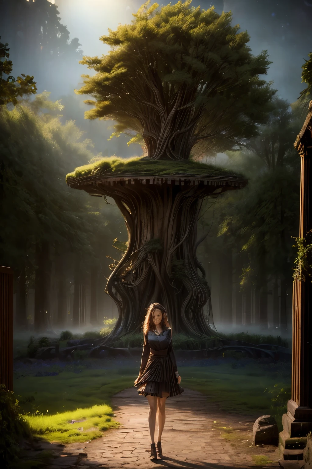 Masterpiece, Excellent, (Office: 1.8), CG drawing with super high detail, standing, 1 royal sister, angry, a woman with short tan hair, layered dress, hands crossed at waist, facing the audience, illustration, wide angle panorama a spectacular night, ethereal moonlit forest, glowing fireflies, mystical atmosphere, vibrant stars in the sky, serene pond reflecting the night sky, ancient ruined temple, gnarled twisted trees, dramatic lighting, dramatic shadows, cinematic composition, fantasy, surreal, (best quality,4k,8k,highres,masterpiece:1.2),ultra-detailed,(realistic,photorealistic,photo-realistic:1.37),detailed night sky, dramatic moody lighting