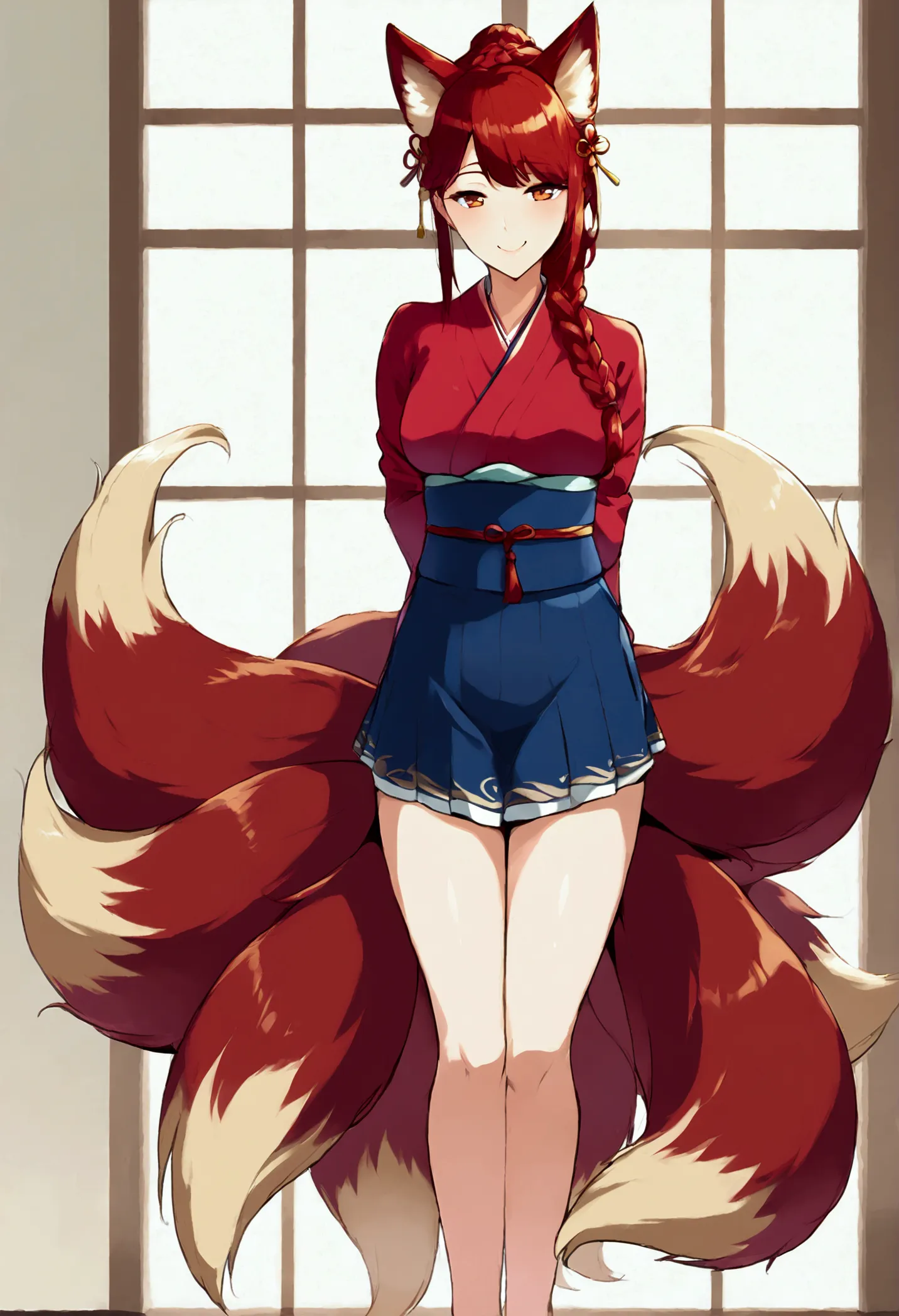 work of art, best qualityer, 1 girl, incrsahri, multiple tails, fox tail, korean clothes, overskirt, braid, arms behind the back...