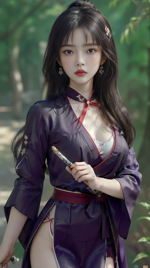 1 woman, high resolution, masterpiece, Anatomically correct, 最佳quality, detail, HD model, 高detail, 高quality, quality, Very detailed, Retina screen, Textured Skin, Ultra HD, Long hair, Black Hair, Big breasts(d), earrings, Blushing，Detailed nipple pictures，Exquisite facial features，人体model，model，Artistic pose，Hanfu，Chinese traditional clothing，Colorful clothes，Tang Dynasty Clothing，Martial Arts服装，Tulle material，Hairpin，Gorgeous headdress,Holding a long sword，Martial Arts，Martial Arts文化