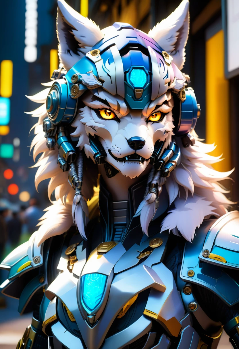 a portrait of a mechanical creature (( mechanical female, anthro wolf: 1.5), ((full body: 1.5)), ((anatomically correct: 1.5)), (ultra detailed face: 1.2), looking feral, looking dangerouse,  yellow eyes. dynamic fur color, glowing eyes, wearing mech armor, dynamic armor color, delicate armor, wearing high heeled boots, cyberpunk street background, vibrant, Ultra-high resolution, High Contrast, (masterpiece:1.5), highest quality, Best aesthetics), best details, best quality, highres, 16k, (ultra detailed: 1.5), masterpiece, best quality, (extremely detailed) RAW, (ultra details, Masterpiece, best quality),MechanicusStyleAI, Hyperrealism style, anime