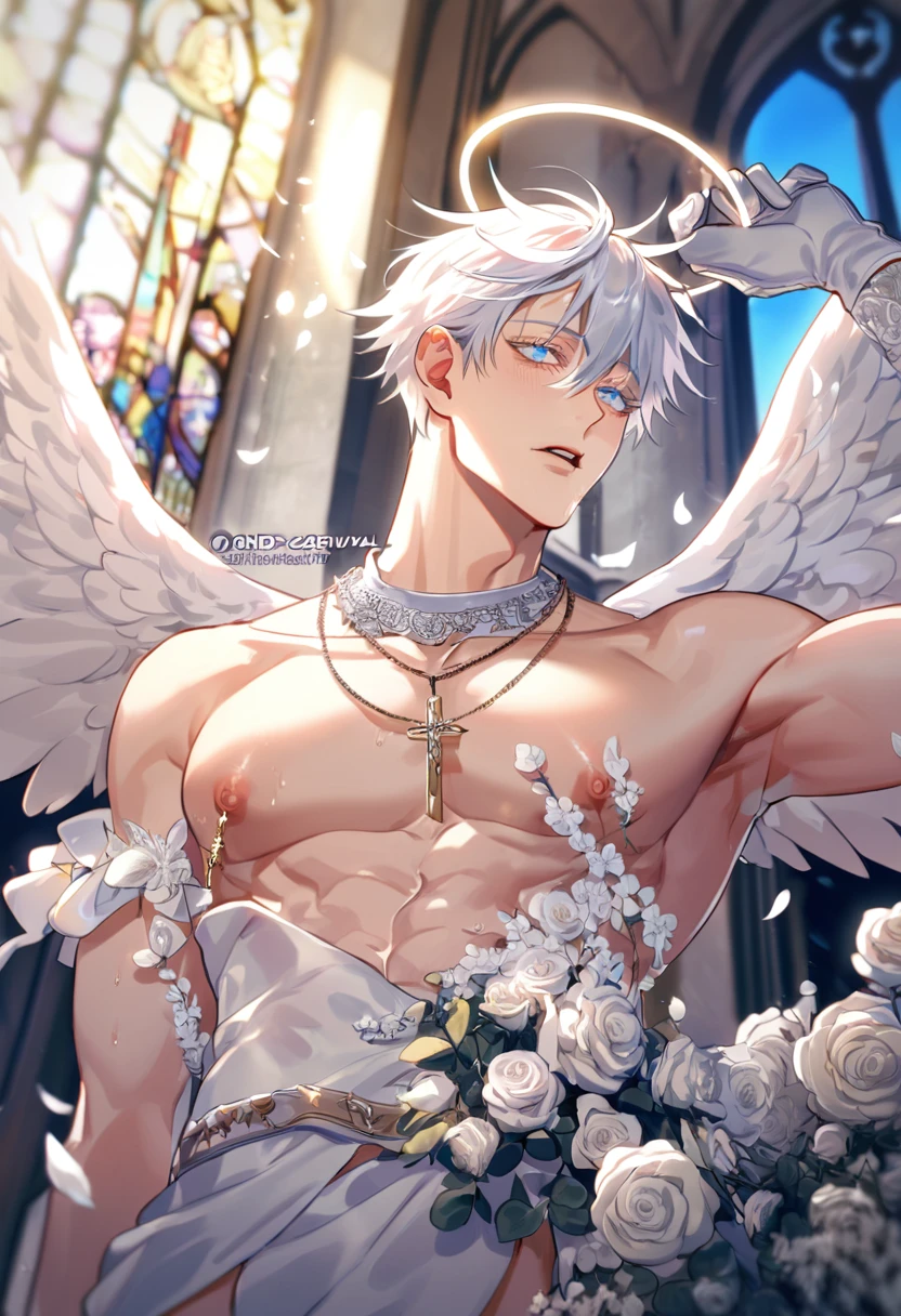 absurdres, highres, ultra detailed, HDR, master piece, best quality, Gojou Satoru, white hair, expressive blue eyes, white eyelashes, Jujutsu Kaisen, solo, sexy man, handsome, horny, lewd, Angel, halo, angel wings on his back, white fantasy clothes, accessories, showing the chest, cross necklace, white gloves, fantasy, magical, white roses, white petals, blue sky, church, Nu Carnival