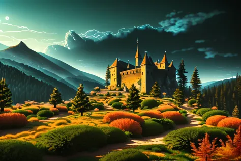 a medieval european castle on a mountain, pine trees, mountain path, fantasy landscape, detailed architecture, dramatic lighting...