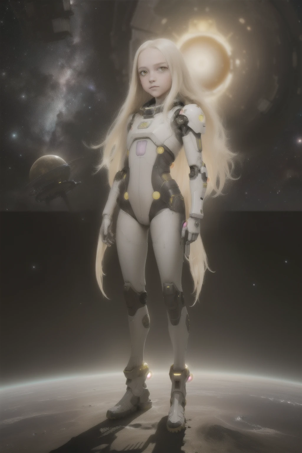 young girl, , blond hair, photorealistic, pale skin), (yellow (eyes:1.2)), (slim build:1.3), (fantasy space suit), beautiful face, symmetrical face, Greg Rutkowski, wlop and Sam Kuvshinov, (long hair), blond eyelashes, large iris, large pupil, full body, standing on the background of the cosmodrome, artstation, 8k, science fiction, pastel colors, props, panel, concept, futuristic, gribble, simon stalenhag, space, in outer space, a spaceship in the sky, technological blocks, futuristic world:1.5, rusty metal futuristic world, (simple oil painting in a style to Bill Sienkiewicz)
