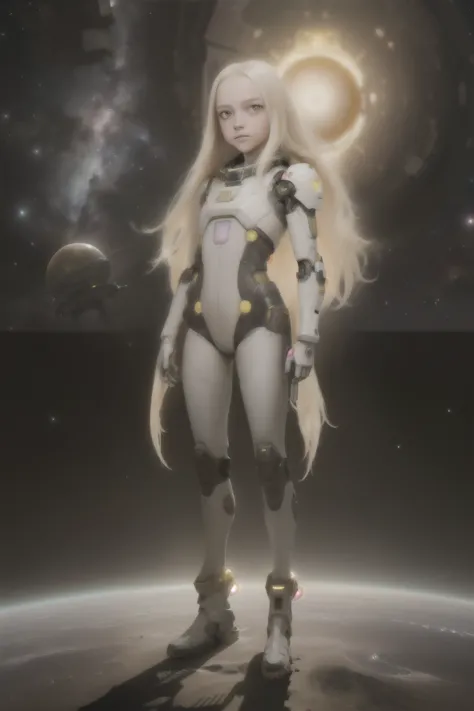 young girl, 12 years old, blond hair, photorealistic, pale skin), (yellow (eyes:1.2)), (slim build:1.3), (fantasy space suit), beautiful face, symmetrical face, Greg Rutkowski, wlop and Sam Kuvshinov, (long hair), blond eyelashes, large iris, large pupil, full body, standing on the background of the cosmodrome, artstation, 8k, science fiction, pastel colors, props, panel, concept, futuristic, gribble, simon stalenhag, space, in outer space, a spaceship in the sky, technological blocks, futuristic world:1.5, rusty metal futuristic world, (simple oil painting in a style to Bill Sienkiewicz)
