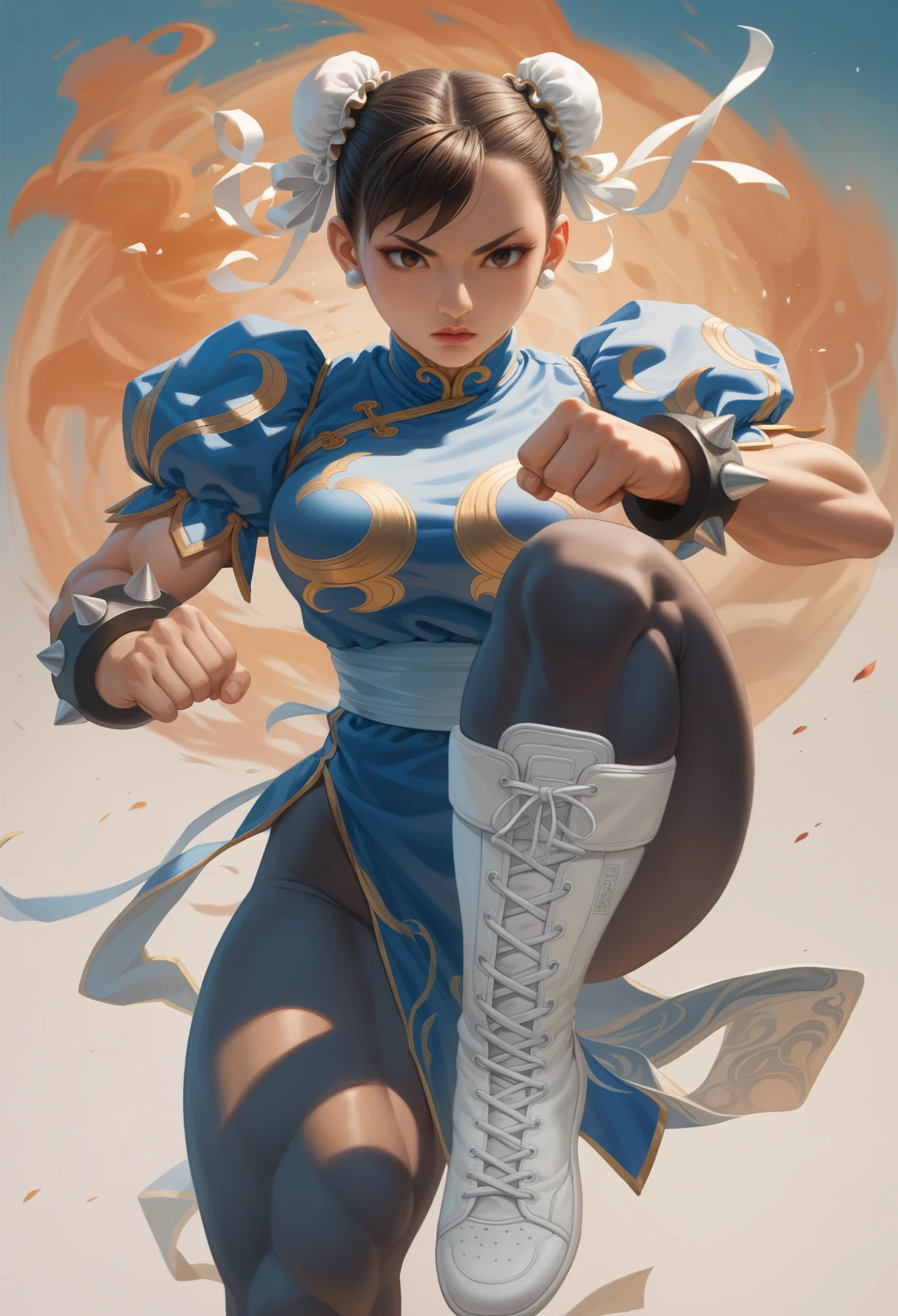 Arafe woman chun-li solo with ponytail hair、Fighting Game Fightetness Model、Big breasts about to burst、No exposed skin、thin and long legs,、Fitness Body Shape、Pose ready to fight、battle look, close up 