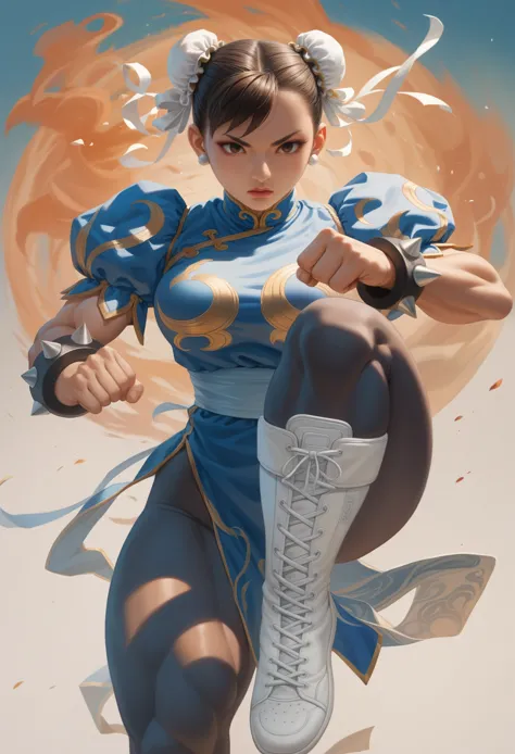 arafe woman chun-li solo with ponytail hair、fighting game fightetness model、big breasts about to burst、no exposed skin、thin and ...