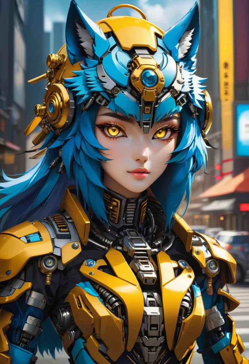 a portrait of a mechanical creature (( mechanical female, anthro wolf: 1.5), ((full body: 1.5)), ((anatomically correct: 1.5)), (ultra detailed face: 1.2), looking feral, looking dangerouse,  yellow eyes. dynamic fur color, glowing eyes, wearing mech armor, dynamic armor color, delicate armor, wearing high heeled boots, cyberpunk street background, vibrant, Ultra-high resolution, High Contrast, (masterpiece:1.5), highest quality, Best aesthetics), best details, best quality, highres, 16k, (ultra detailed: 1.5), masterpiece, best quality, (extremely detailed) RAW, (ultra details, Masterpiece, best quality),MechanicusStyleAI, Hyperrealism style, anime