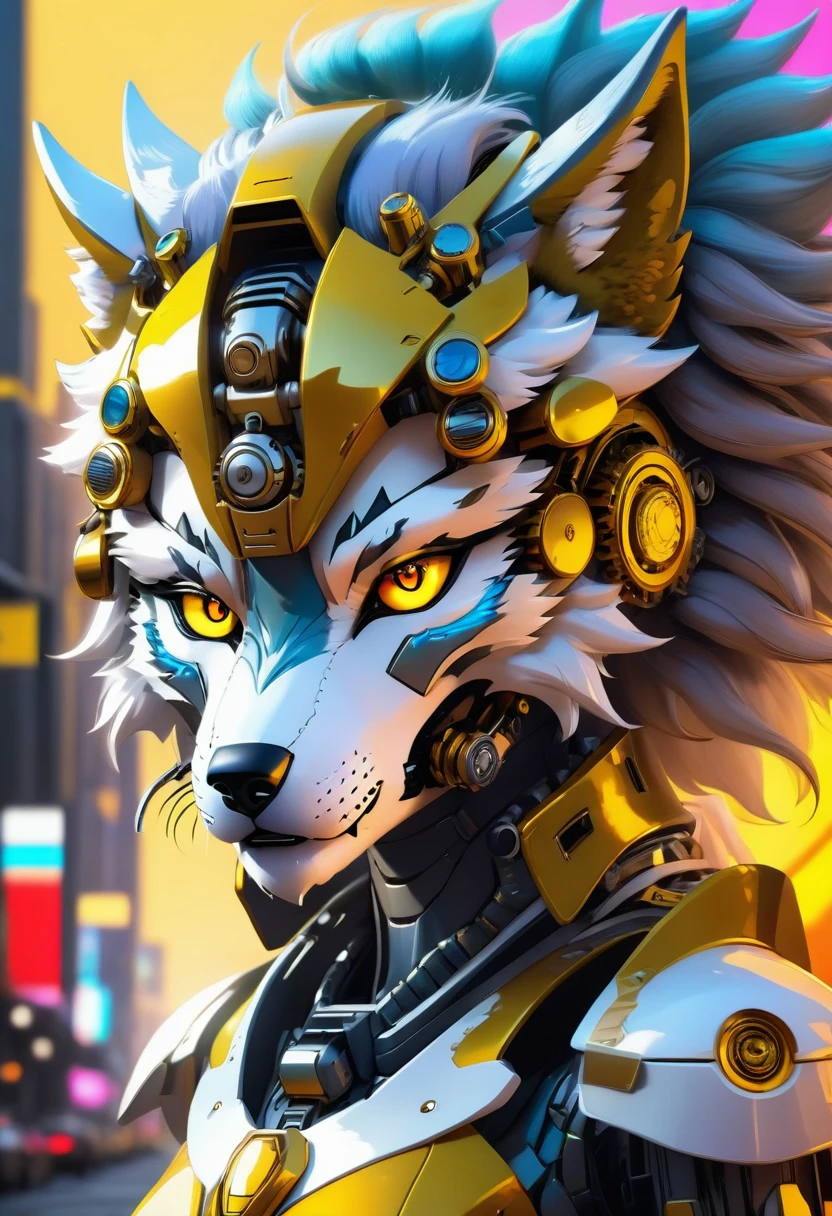 a portrait of a mechanical creature (( mechanical female, anthro wolf: 1.5), ((full body: 1.5)), ((anatomically correct: 1.5)), (ultra detailed face: 1.2), looking feral, looking dangerouse,  yellow eyes. dynamic fur color, glowing eyes, wearing mech armor, dynamic armor color, delicate armor, wearing high heeled boots, cyberpunk street background, vibrant, Ultra-high resolution, High Contrast, (masterpiece:1.5), highest quality, Best aesthetics), best details, best quality, highres, 16k, (ultra detailed: 1.5), masterpiece, best quality, (extremely detailed) RAW, (ultra details, Masterpiece, best quality),MechanicusStyleAI, Hyperrealism style, anime