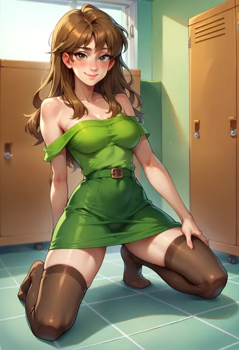 score_9, score_8_up, score_7_up, 1girl, solo, shaggy rogers, (female:1.5), female focus, female body,brown hair, long hair, gree...