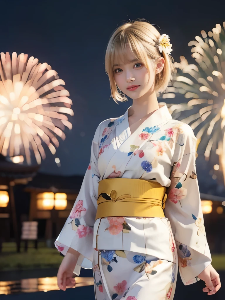 raw photo, 8k, (top-quality), Realistic, (real picture, Intricate details), (natural skin texture, detailed skin, hyper realism, sharpness), (pale skin:1.5), Japanese teenage girl walking in shopping street at night, (sexy floral yukata:1.5), slender body, (blonde short hair, blunt bangs), shy smile, night time, (fireworks:1.5)