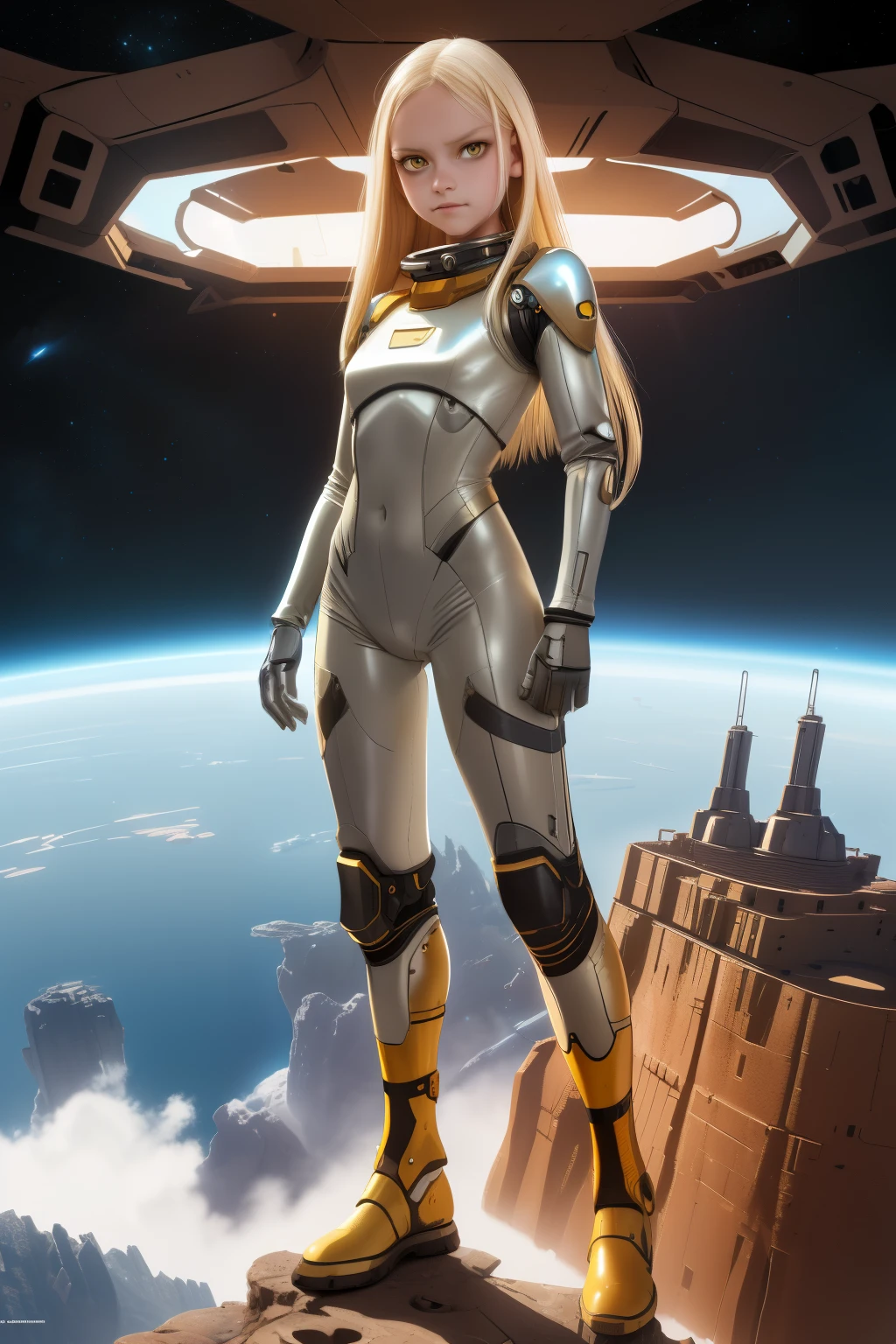 young girl, 12 years old, blond hair, photorealistic, pale skin), (yellow (eyes:1.2)), (slim build:1.3), (fantasy space suit), beautiful face, symmetrical face, Greg Rutkowski, wlop and Sam Kuvshinov, (long hair), blond eyelashes, large iris, large pupil, full body, standing on the background of the cosmodrome, artstation, 8k, science fiction, pastel colors, props, panel, concept, futuristic, gribble, simon stalenhag, space, in outer space, a spaceship in the sky, technological blocks, futuristic world:1.5, rusty metal futuristic world, (simple oil painting in a style to Bill Sienkiewicz)