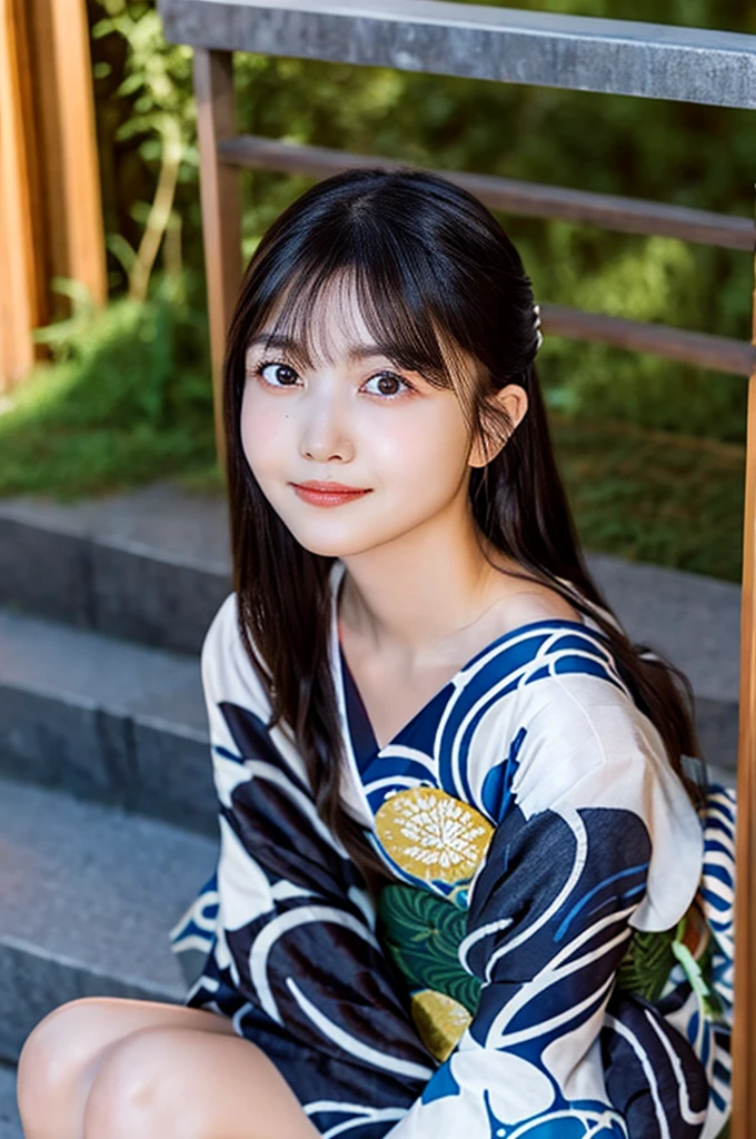 One Girl, (beautiful girl, Delicate girl:1.3), (14 years old:1.3),
break, (Yukata Costume:1.3),
break, (Sitting on stone steps:1.2),
break, Very beautiful eyes, (Symmetrical eyes:1.3),
break, Small breasts, Brown eyes, Parted bangs, Brown Hair, (Upper teeth, The best smile:0.2),
break, (Eye and facial details:1.0),
break, (masterpiece, Highest quality, Very detailed, Detailed face, 8k)