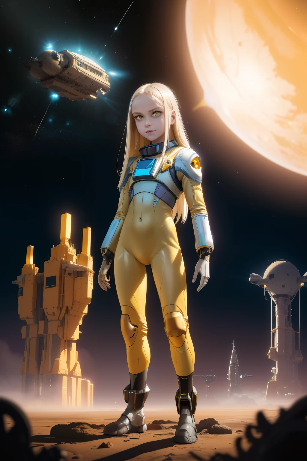 young girl, 12 years old, blond hair, photorealistic, pale skin), (yellow (eyes:1.2)), (slim build:1.3), (fantasy space suit), beautiful face, symmetrical face, Greg Rutkowski, wlop and Sam Kuvshinov, (long hair), blond eyelashes, large iris, large pupil, full body, standing on the background of the cosmodrome, artstation, 8k, science fiction, pastel colors, props, panel, concept, futuristic, gribble, simon stalenhag, space, in outer space, a spaceship in the sky, technological blocks, futuristic world:1.5, rusty metal futuristic world, (simple oil painting in a style to Bill Sienkiewicz)