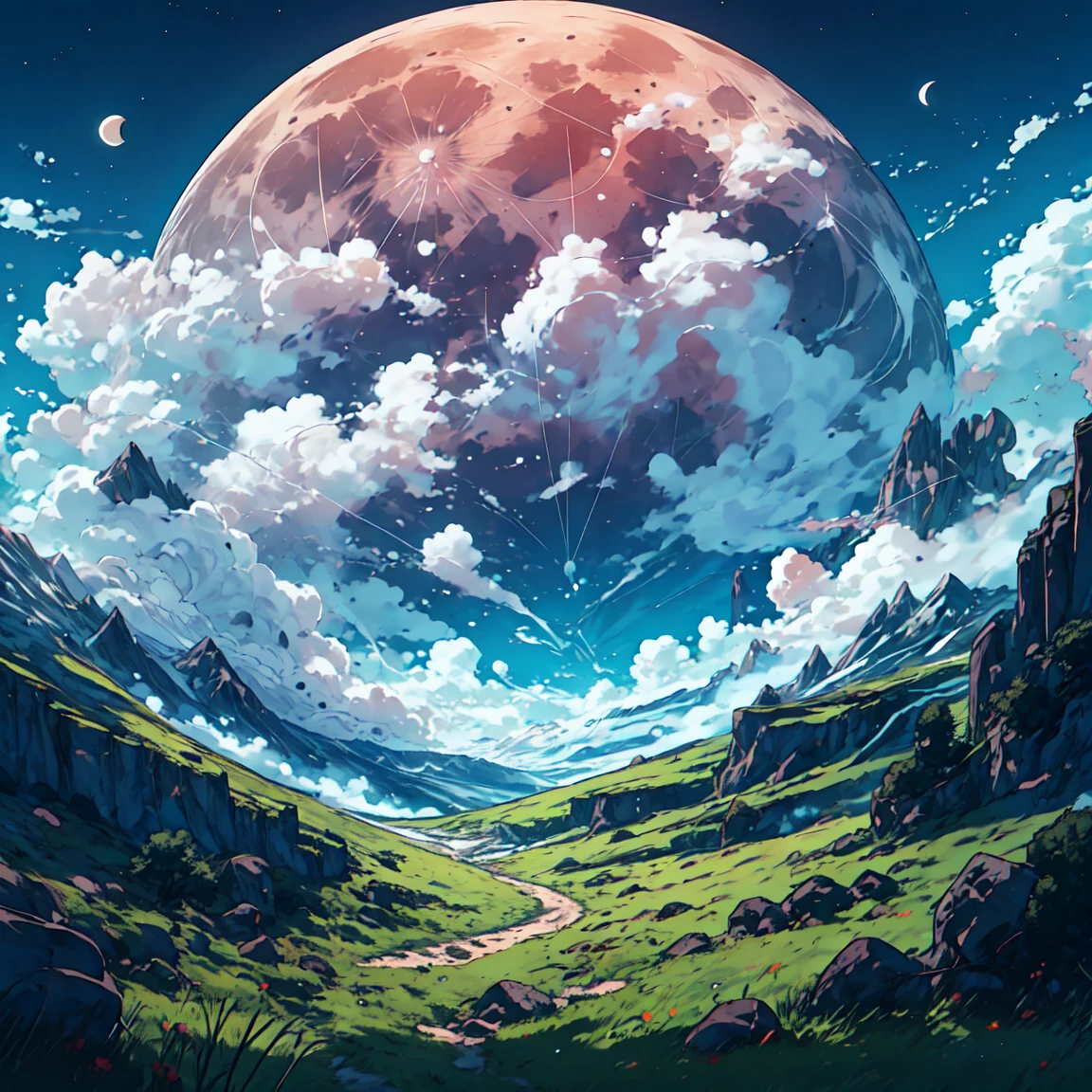 une belle pleine lune, nuit au clair de lune, lune brillante dans le ciel nocturne, Clair de lune dramatique, paysage serein, prairie luxuriante, collines, nuages vaporeux, texture lunaire détaillée, cratères à la surface de la lune, Atmosphère paisible, Éclairage cinématographique, palette de couleurs sourdes, Tons bleus froids, mise au point douce, Photoréaliste, 8k, Meilleure qualité, chef-d&#39;œuvre