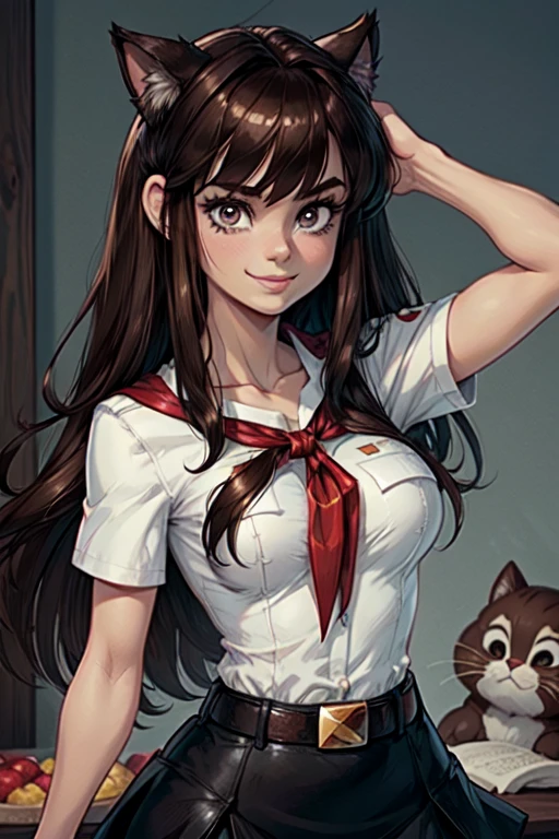 (young girl:1.4), very young slim fit girl, at full height, rounded face, snub nose, (very long disheveled dark brown hair:1.4), big brown eyes, shy smile, (perfect flat breast:1.3), band on head with fake cat ears, parororo, pioneer neckerchief, blue thight microskirt, bangs, shirt, collarbone, white shirt, short sleeves, collared shirt, belt, neckerchief, eyelashes, red neckerchief, breast pocket 