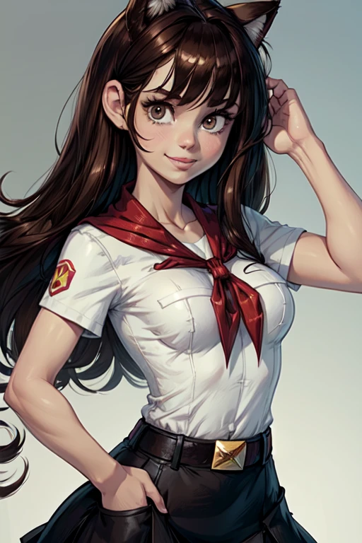 (young girl:1.4), very young slim fit girl, at full height, rounded face, snub nose, (very long disheveled dark brown hair:1.4), big brown eyes, shy smile, (perfect flat breast:1.3), band on head with fake cat ears, parororo, pioneer neckerchief, blue thight microskirt, bangs, shirt, collarbone, white shirt, short sleeves, collared shirt, belt, neckerchief, eyelashes, red neckerchief, breast pocket 