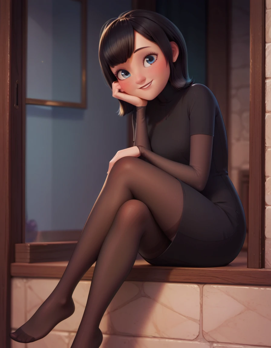 Mavis dracula, Bblack hair, blue colored eyes, blush, corner smile, black straight dress, black pantyhose with stripes, sitting down, 正面, pose, best qualityer