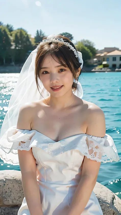 (8k、raw photos、highest quality、masterpiece:1.2)、(realistic、realistic)、1 girl、((off-the-shoulder wedding dresses、veil、chapel、shor...