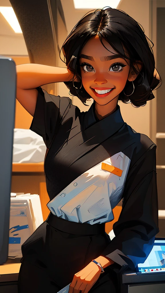 ((details));(highest quality);  ((black power hair)); black girl with  work clothes; Office worker ((devian art)); smiling; (best digital art); (Hq desing) 