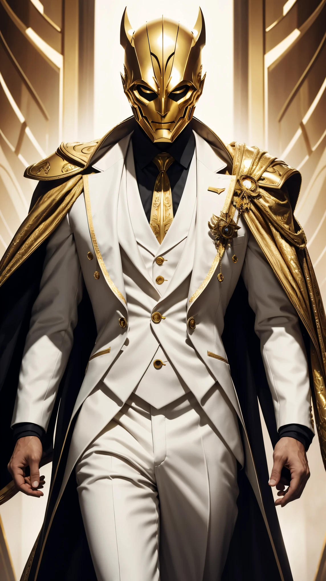 A man in a golden mask in a white suit with mysterious gold details super villain 4k,