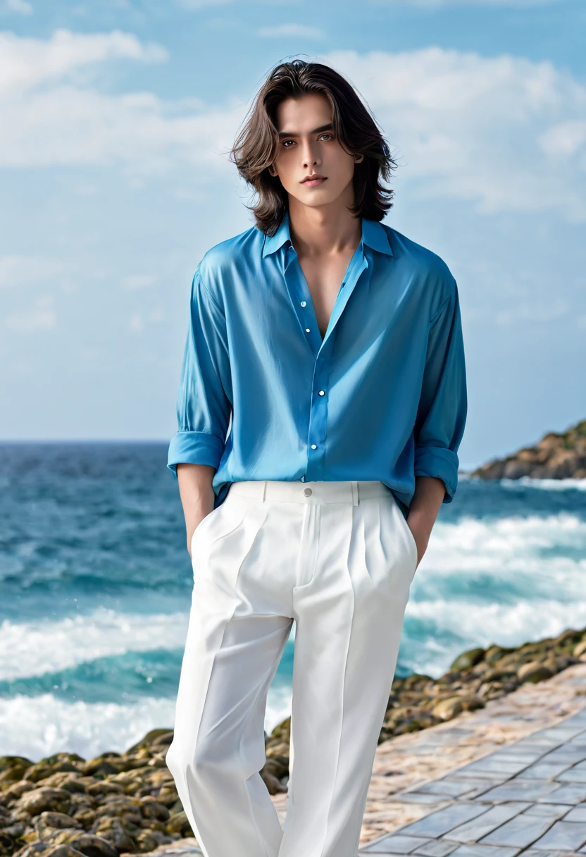 High quality, masterpiece, high definition, 1 young man, 20 years old, dark well-groomed shoulder length hair (3.0), enchanting sea blue eyes (3.0), white shirt (2.5), white oversized trousers(3.0), full body portrait (3.0),