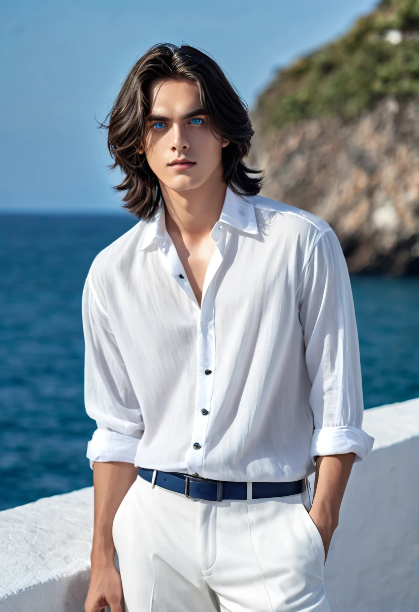 High quality, masterpiece, high definition, 1 young man, 20 years old, dark well-groomed shoulder length hair (3.0), enchanting sea blue eyes (3.0), white shirt (2.5), white oversized trousers(3.0), full body portrait (3.0),