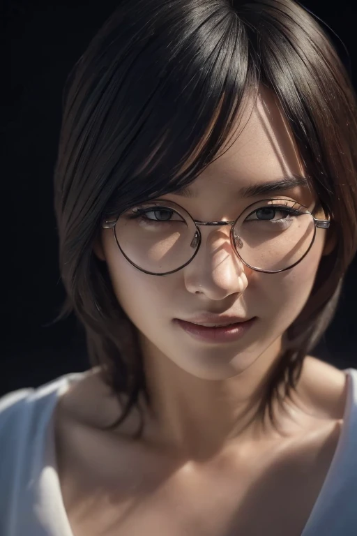 (masterpiece, best quality, beautiful quality, photorealistic, looking at viewer, detailed lighting, extremely detailed skin, extremely detailed hair, extremely detailed teeth, shadows, 8k:1.2), (a picture of a woman, 1girl, glasses:1.2), 