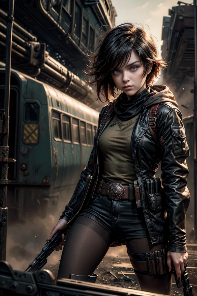 (masterpiece, best quality:1.2), cowboy shot, solo, dynamic pose, 1girl, ruby rose, looking at viewer, military uniform,  pantyhose, standing next to wrecked train, crowd searching with rifles, (crowd in military unifom) night, stars, closed mouth, serious look, serious expression, post-apocalypse, dystopian future 