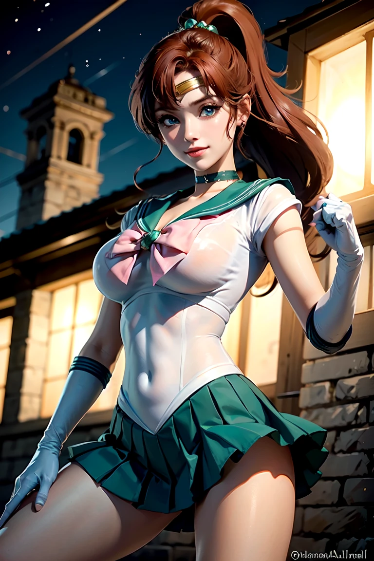 masterpiece, Highest quality, High resolution, Super detailed, smile, Woman with long red hair and bangs, ponytail,Bright Blue Eyes, Long eyelashes,eye shadow,Pale pink blush,Beautiful girl, Golden tiara on the forehead,choker,Sailor Warrior Uniforms,Green mini pleated skirt, Swimwear,Big Tits,(Open your legs and show them)