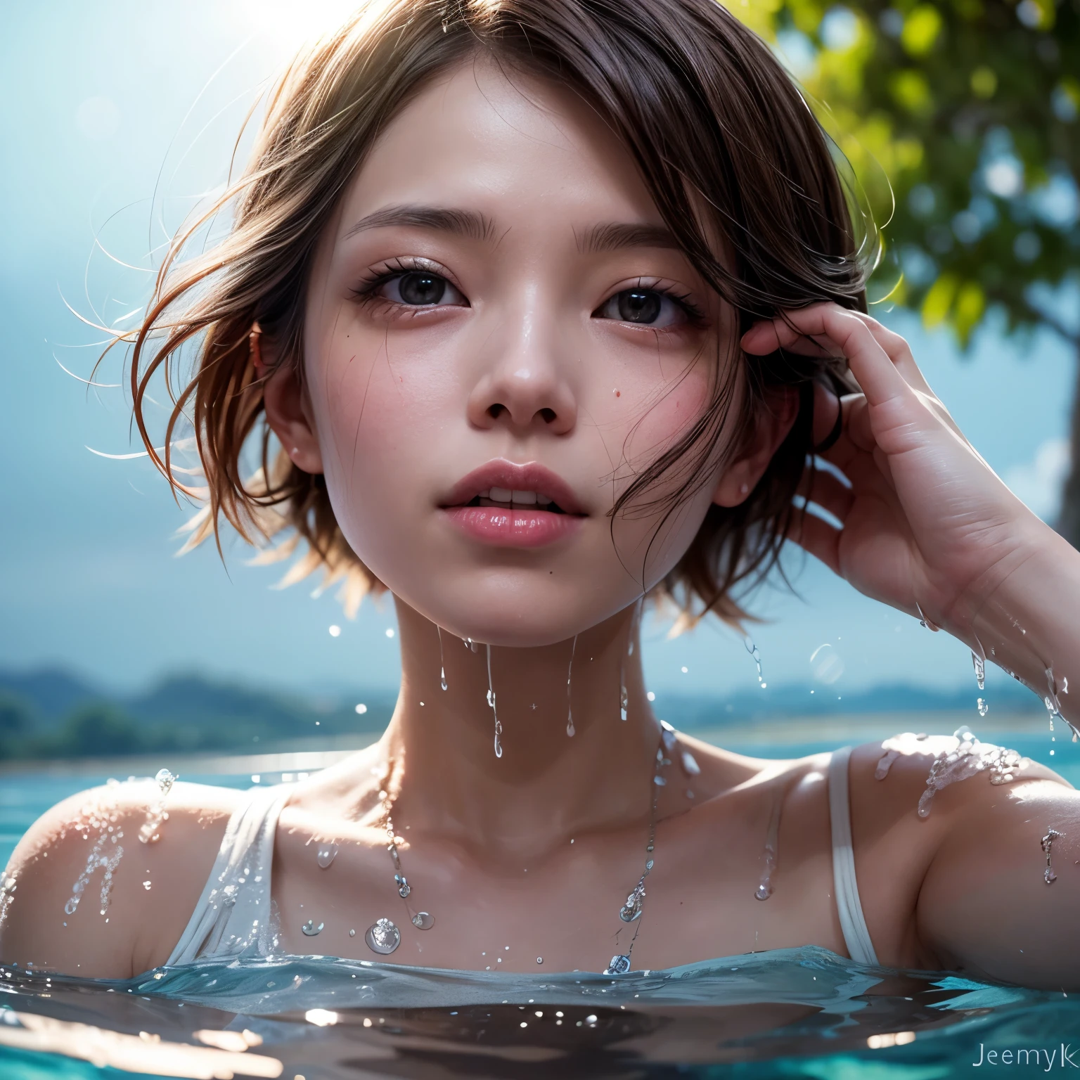 (((Misako Renbutsu)))Beautiful Young Female with Short hair in Lake, extremely delicate and beautiful,Outstanding light and shadow,Clear and bright sunlight, Professional portrait (Face Closeup from below), Semi-nude photography, close up portrait of bathing in a lake, Full of Flowers, ((backlighting)) Sparkling water surface with Reflection and Refraction, ((Soaked body in water)), (beltbra) Visible Upper breasts, {lens flare|Shade|bloom|[chromatic aberration]}, TopQuality Masterpiece of 8K Ultra-detailed DigitalPainting (by Jeremy Lipking)