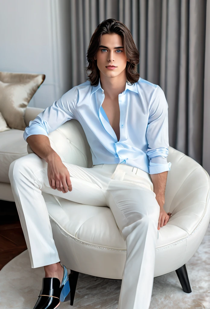 High quality, masterpiece, high definition, 1 young man, 20 years old, dark well-groomed shoulder length hair (3.0), enchanting pale blue eyes (2.0), white shirt (2.5), white oversized trousers(3.0), full body portrait (3.0), luxurious living room (3.0), sitting on a highback chair(3.0), coffee table with coffee on it(4.0)