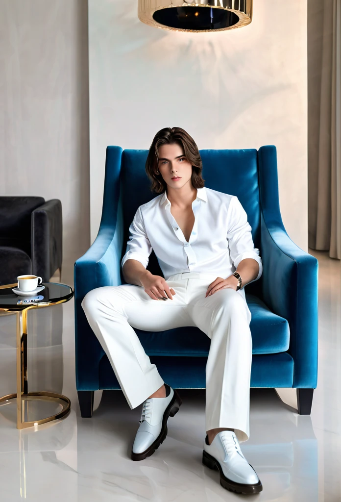 High quality, masterpiece, high definition, 1 young man, 20 years old, dark well-groomed shoulder length hair (3.0), enchanting pale blue eyes (2.0), white shirt (2.5), white oversized trousers(3.0), full body portrait (3.0), luxurious living room (3.0), sitting on a highback chair(3.0), coffee table with coffee on it(4.0)