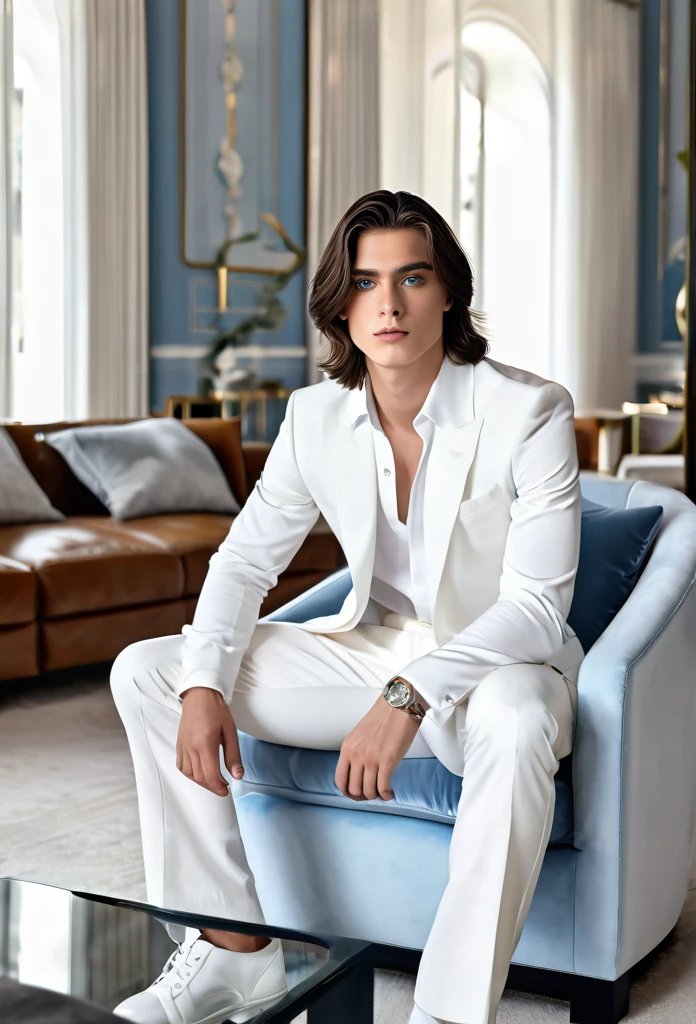 High quality, masterpiece, high definition, 1 young man, 20 years old, dark well-groomed shoulder length hair (3.0), enchanting pale blue eyes (2.0), white shirt (2.5), white oversized trousers(3.0), full body portrait (3.0), luxurious living room (3.0), sitting on a highback chair(3.0), coffee table with coffee on it(4.0)