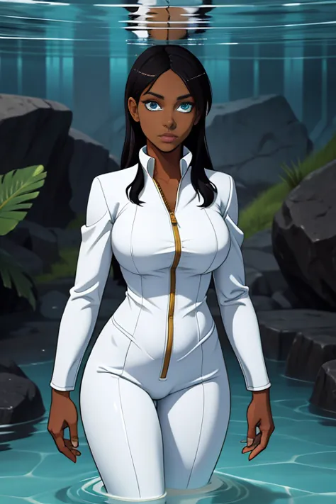 a dark skin woman standing in water wearing white suit