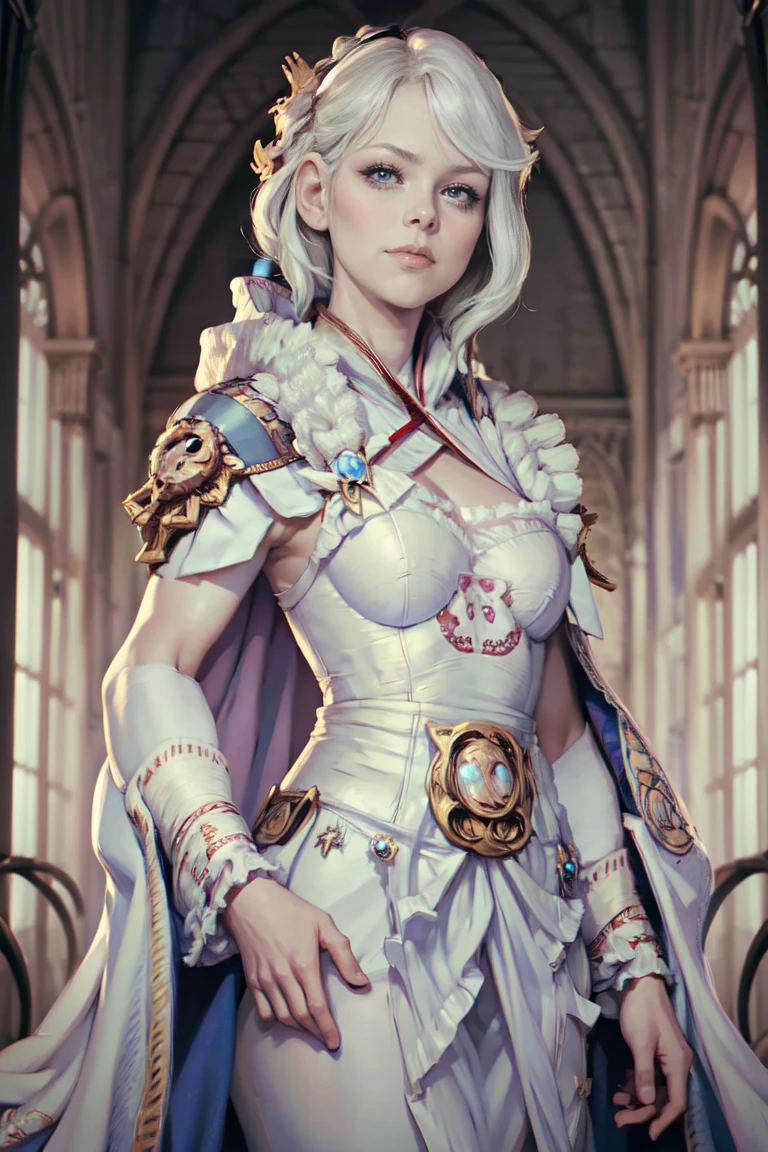 1 girl, rogue trader, white hair, robes, medium breasts, short hair, smug expression, sash, upper body, inside a palace, 8k, sharp focus, bright blue eyes, jewelry, frilly baroque dress, ascot, embroidery 