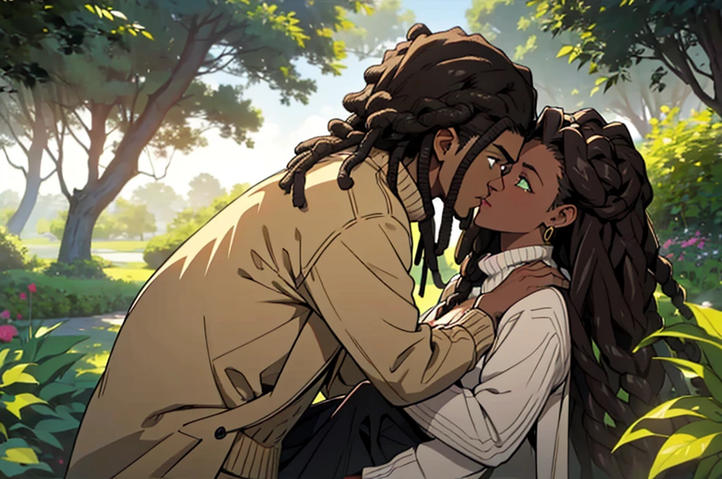 "Produce an anime-style image that celebrates love between black couples. The girl, skin black, skin black, skin black 1.5,  with black leather and fine African braids, it has ((greeneyes)) charming. Your partner, {dark-skinned and haired: 1,5}, ((dreadlocks curtos)), has expressive white eyes. Both wear loose coats with gold details., adding a touch of sophistication. Set in a garden, the scene depicts passionate kisses between them. Convey the intensity of eternal love between these black lovers, highlighting their unique characteristics and the romantic connection they share. trench coat {((stylish sweaters, super trendy, super look))}".