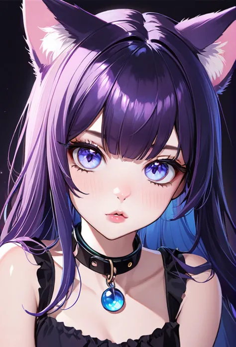 1girl, cat nose, cat ears, cat tail, long hair, bangs, purple hair, gorgeous blue eyes, big eyes, eyeliner, long lashes, soft an...