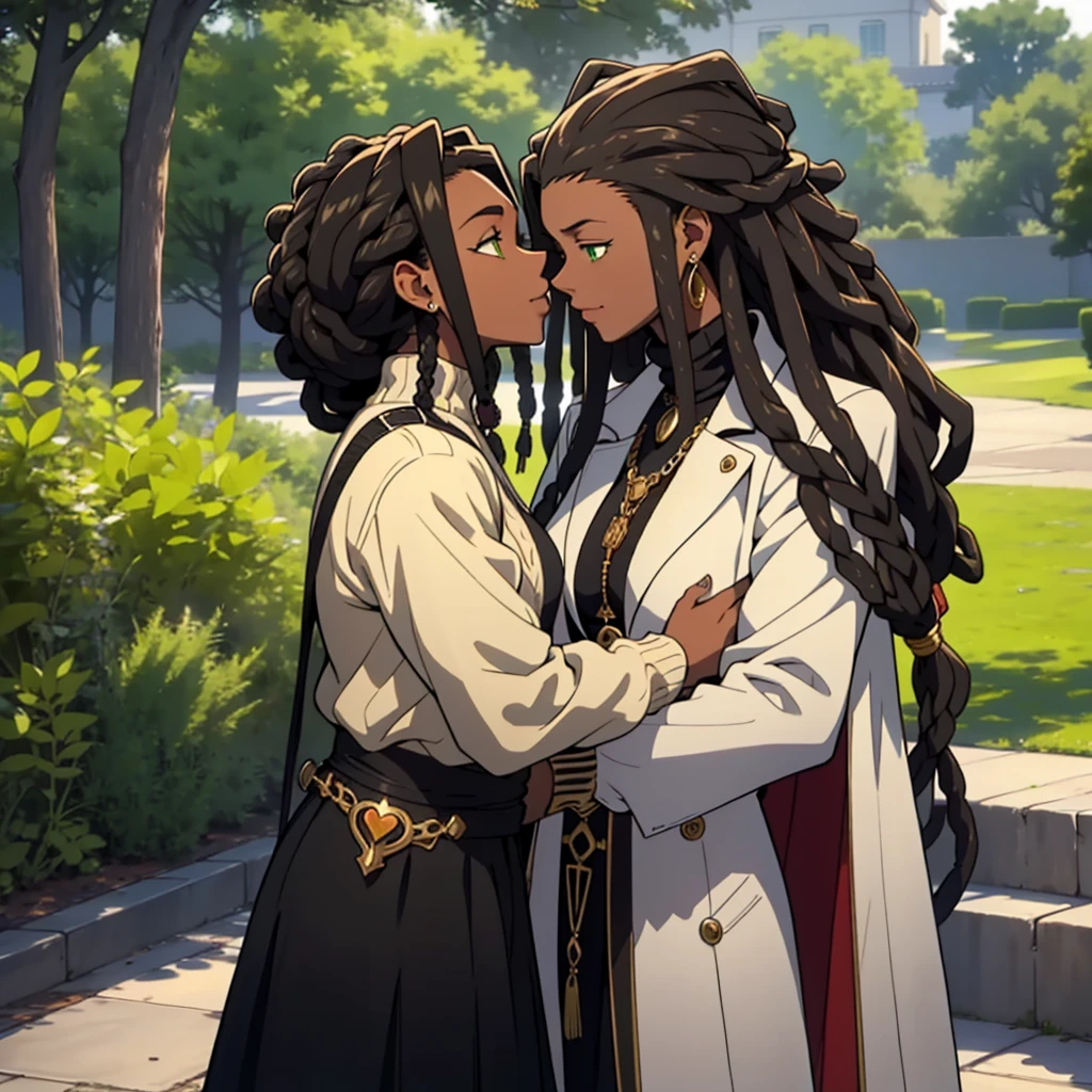 "Produce an anime-style image that celebrates love between black couples. The girl, skin black, skin black, skin black 1.5, with black leather and fine African braids, it has ((greeneyes)) charming. Your partner, {dark-skinned and haired: 1,5}, ((dreadlocks curtos)), has expressive white eyes. Both wear loose coats with gold details., adding a touch of sophistication. Set in a garden, the scene depicts passionate kisses between them. Convey the intensity of eternal love between these black lovers, highlighting their unique characteristics and the romantic connection they share. trench coat {((stylish sweaters, super trendy, super look))}".