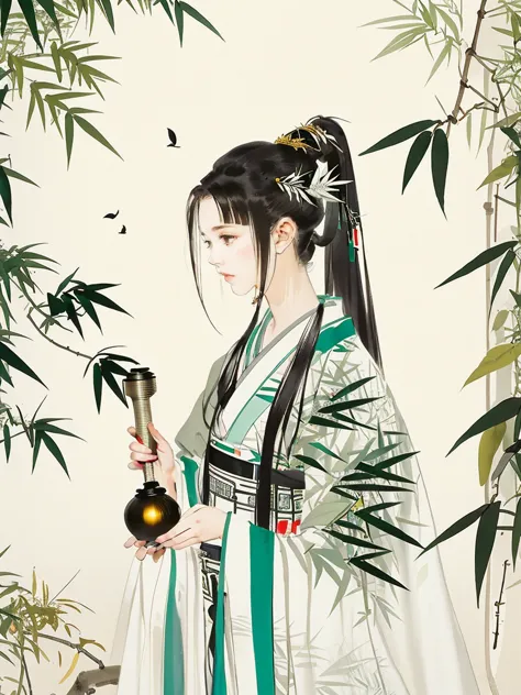 close-up of a woman, in the bamboo forest, black long hair, ponytail, green headdress, holding a lantern, bamboo leaves falling,...