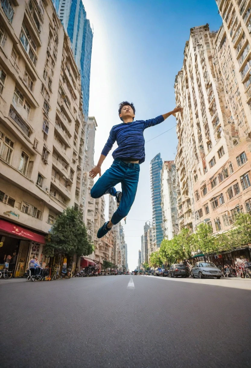 1boy jumped in the air，anatomical correct，he is floating in the air, dynamic low angle shooting, levitating above the ground, dramatic action photography, rising in the air levitating, floating over a city sidewalk, photography alexey gurylev, Hair is floating in the wind, wide angle，dynamic pose，xianxia