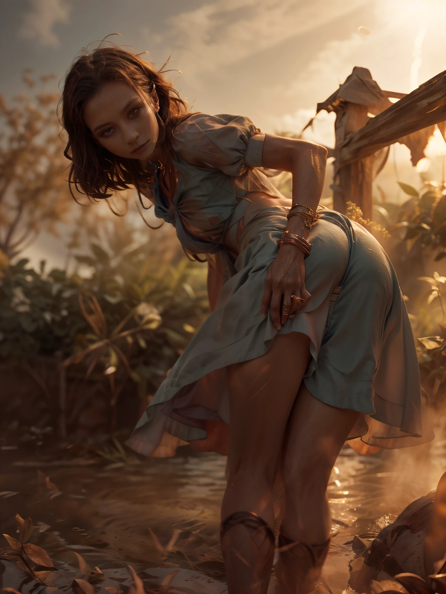 [gorgeous Italian elemental woman pulls her green skirt up, looking at viewer, tempting expression, seductive expression, winking expression, alluring expression], ultra high res.photorealistic, realistic hands, real_skin, [[photorealistic Chromatic aberration]], digital photograph, HDR, high contrast, masterpiece. [The scene is surrounded by mist, evoking a mysterious and eerie atmosphere. The lighting is dark and atmospheric, with smoke adding a touch of sinister ambiance. Best quality image, HDR enhancement, showcasing the utmost level of detail and realism, full body shot:1.5]. [8K, Ultra High Resolution, (highly detailed, Bokeh, (cowboy shot), 8k, 8K, UHD, textured skin, high details, high quality, Best Quality