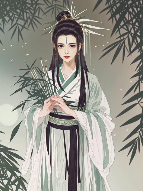 a close-up of a woman, in a bamboo forest, long black hair, ponytail, green headdress, carrying a lantern, bamboo leaves falling...