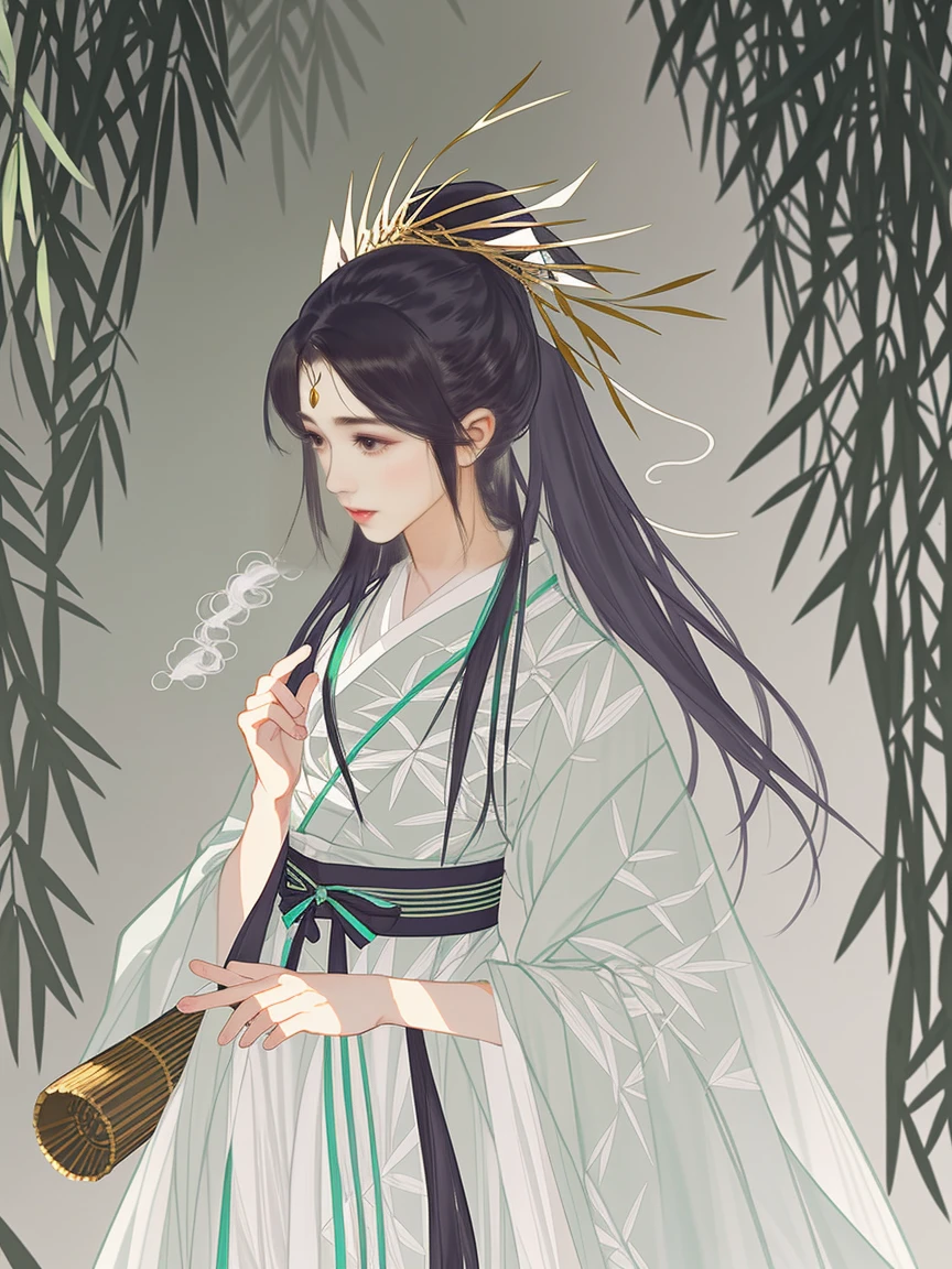 A close-up of a woman, in a bamboo forest, long black hair, ponytail, green headdress, carrying a lantern, bamboo leaves falling, hazy smoke, green Hanfu,wuguanzhong