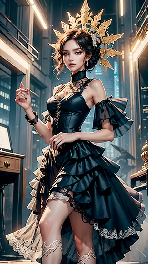 a fierce and edgy woman stands before you, dressed in a whith dress with intricate lace and playful ruffles. she holds a guitar ...