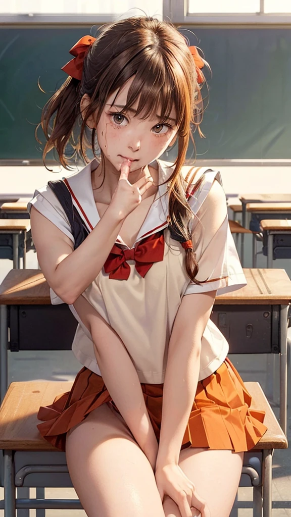 (masterpiece:1.2, top-quality), (realistic, photorealistic:1.4), beautiful illustration, (natural side lighting, movie lighting), nsfw, looking at viewer, no panty shot:2, front view:1.6, 1 girl, japanese, high school girl, perfect face, cute and symmetrical face, shiny skin, (short hair:1.1, messy hair:1.2, orange hair), big eyes, gold eyes, long eye lasher, (large breasts:0.6), beautiful hair, beautiful face, beautiful detailed eyes, beautiful clavicle, beautiful body, beautiful chest, beautiful thighs, beautiful legs, ((symmetrical clothing, detailed cloth texture, short sleeves cute sailor suit, pleated skirt, red bow tie)), black socks, hair tie, (beautiful scenery), morning, crassroom, blackboard, desk chair sitting chair, pointing finger, (frown, open mouth), (fingering herself in the classroom when she thinks no on is looking:2), (detailed upskirt shot of her tickling her vagina):2, (small amount of pubic hair):1.3, (no panties):2, (legs are shoulder width apart):1.4, (low angle), (perfect tight vagina):2, (textured sniny, sweaty skin):1.4
